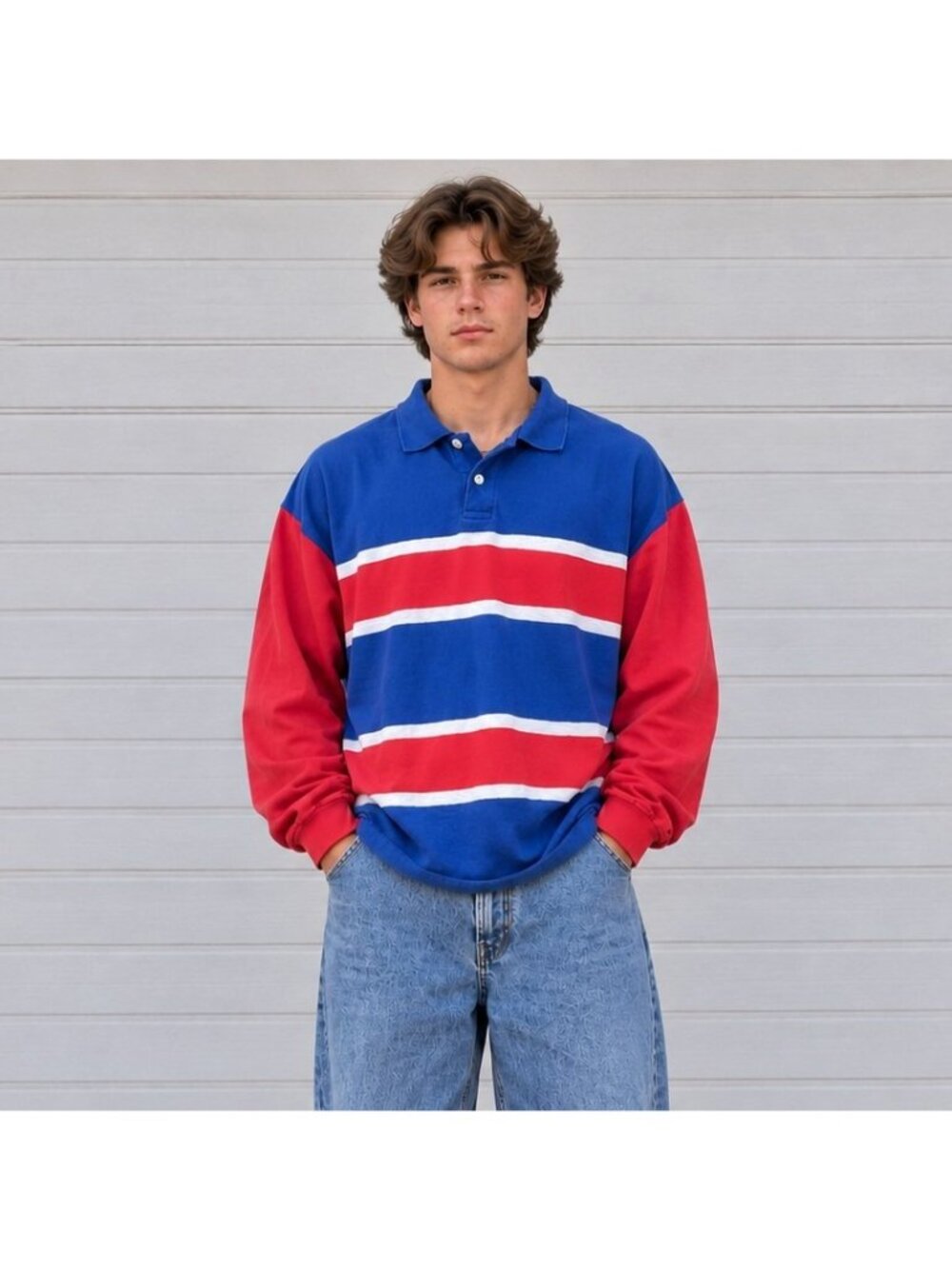 VTG Mens Colorblock Rugsby Polo Longlseeve Blue Red Sz L 90s Baggy